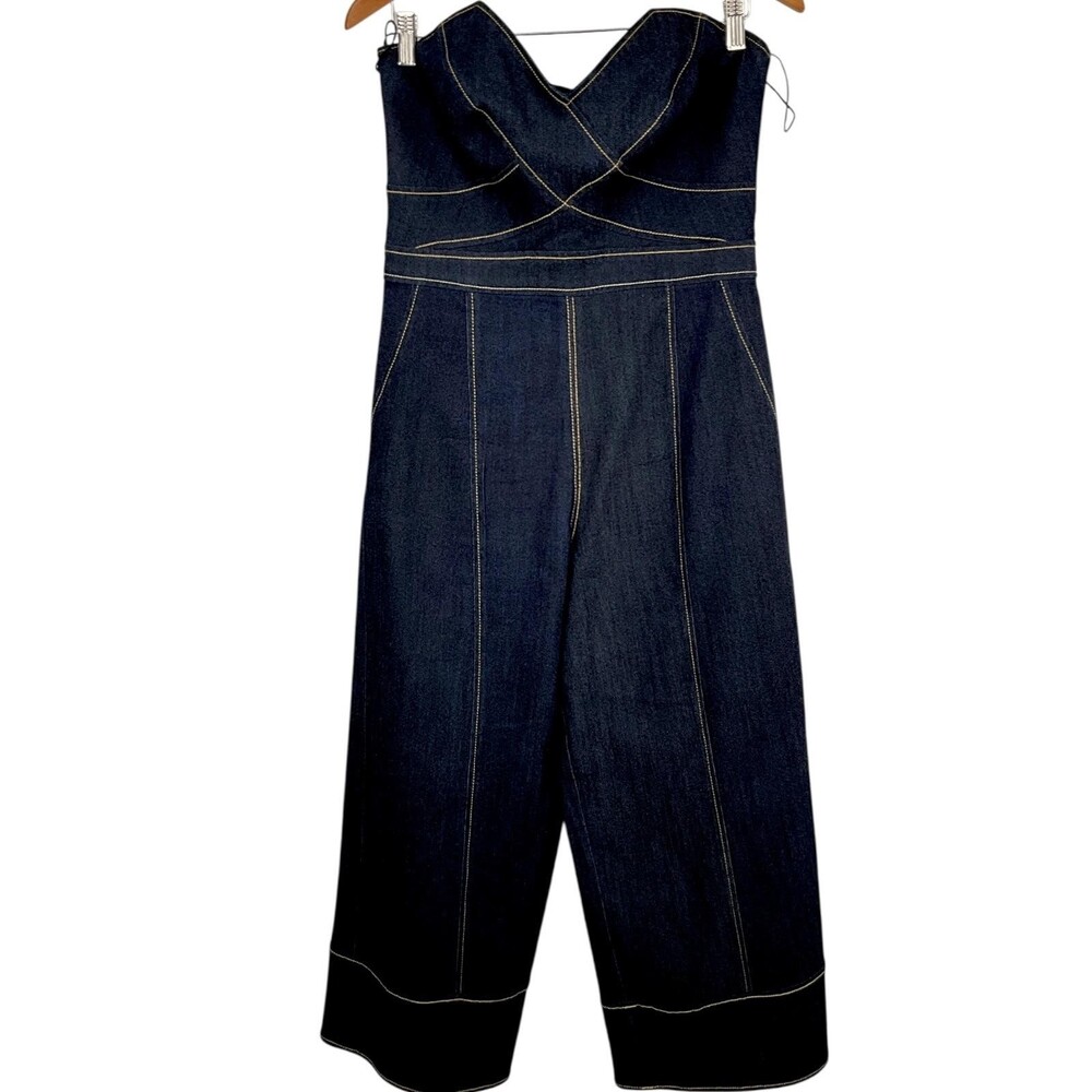 Cinq A Sept Zelda Denim Jumpsuit Womens 10 Blue Strapless Wide Leg Pockets